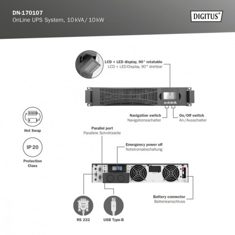Digitus Zasilacz awaryjny UPS Online Rack 19"/Tower, 10kVA/10kW, 2U, bez baterii (moduł baterii DN-170108) Digitus Zasilacz awaryjny UPS Online Rack 19"/Tower, 10kVA/10kW, 2U, bez baterii (moduł baterii DN-170108)