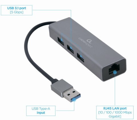Gembird Adapter USB-AM to LAN GbE Hub 3xUSB 3.0 Gembird Adapter USB-AM to LAN GbE Hub 3xUSB 3.0