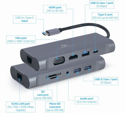 Gembird Adapter USB-C Hub USB-C PD GbE VGA HDMI 3xUSB 3.1 card audio Gembird Adapter USB-C Hub USB-C PD GbE VGA HDMI 3xUSB 3.1 card audio