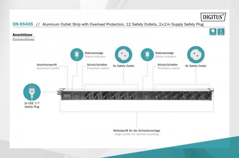 Digitus Listwa zasilająca PDU 19" RACK, 12x gniazdo Schuko, 2x 2m wtyk Unischuko, 16A, zabezpieczenie przeciążeniowe, profil aluminiowy Digitus Listwa zasilająca PDU 19" RACK, 12x gniazdo Schuko, 2x 2m wtyk Unischuko, 16A, zabezpieczenie przeciążeniowe, profil aluminiowy