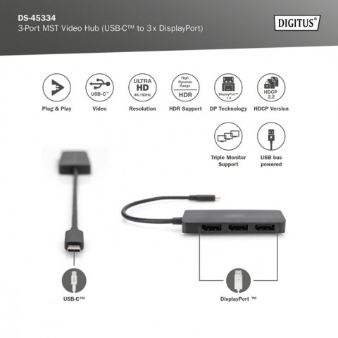 Digitus Hub/Koncentrator 3-portowy USB Typ C/3x DisplayPort 4K/60Hz HDR HDCP 2.2 MST Digitus Hub/Koncentrator 3-portowy USB Typ C/3x DisplayPort 4K/60Hz HDR HDCP 2.2 MST