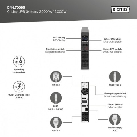 Digitus Zasilacz awaryjny UPS Online Rack 19" LCD, 2000VA/2000W, 4x12V/9Ah, 8xC13, USB, RS232, RJ45 Digitus Zasilacz awaryjny UPS Online Rack 19" LCD, 2000VA/2000W, 4x12V/9Ah, 8xC13, USB, RS232, RJ45