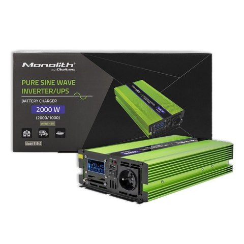 Qoltec Przetwornica napięcia Monolith | ładowanie baterii | UPS | 1000W | 2000W | 12V na 230V | Czysty Sinus | LCD