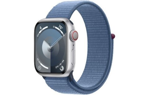 Apple Watch Series 9 GPS + Cellular, 41mm Koperta z aluminium w kolorze srebrnym z opaską sportową w kolorze zimowego błękitu Apple Watch Series 9 GPS + Cellular, 41mm Koperta z aluminium w kolorze srebrnym z opaską sportową w kolorze zimowego błękitu