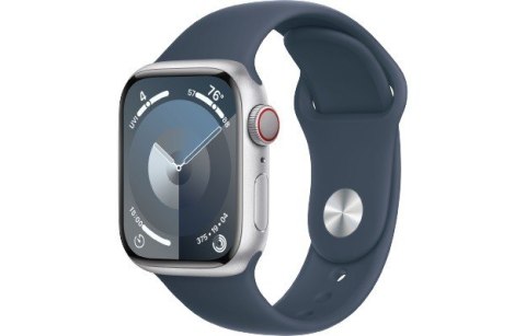 Apple Watch Series 9 GPS + Cellular, 41mm Koperta z aluminium w kolorze srebrnym z paskiem sportowy w kolorze sztormowego błękitu - S/ Apple Watch Series 9 GPS + Cellular, 41mm Koperta z aluminium w kolorze srebrnym z paskiem sportowy w kolorze sztormowego błękitu - S/