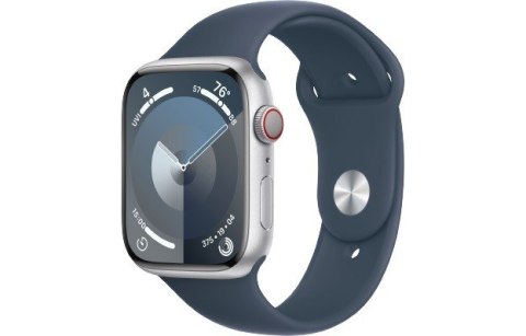 Apple Watch Series 9 GPS + Cellular, 45mm Koperta z aluminium w kolorze srebrnym z paskiem sportowy w kolorze sztormowego błękitu - S/ Apple Watch Series 9 GPS + Cellular, 45mm Koperta z aluminium w kolorze srebrnym z paskiem sportowy w kolorze sztormowego błękitu - S/