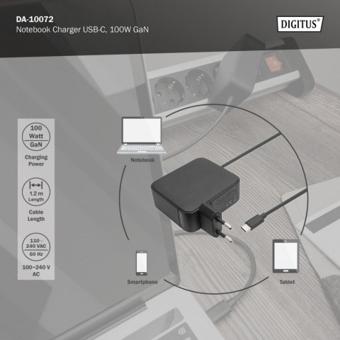 Digitus Ładowarka sieciowa zasilacz 1x USB-C PD 3.0 max. 100W GaN zintegrowany kabel 1,2m Czarna Digitus Ładowarka sieciowa zasilacz 1x USB-C PD 3.0 max. 100W GaN zintegrowany kabel 1,2m Czarna