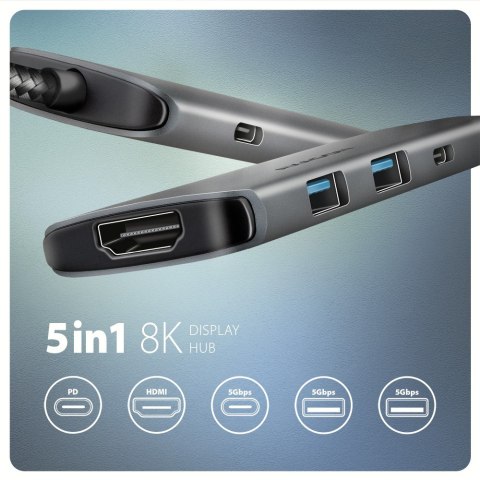 AXAGON HMC-5H8K Wieloportowy hub USB 5in1, 5Gbps, 2x USB-A, 1x USB-C, HDMI 8K/30Hz, PD 100W, 15cm USB-C kabel
