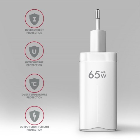 AXAGON ACU-DPQ65W Ładowarka sieciowa GaN 65W, 3x port (USB-A + dual USB-C) PD3.0/QC4+/PPS/Apple, biała