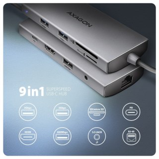 AXAGON HMC-8HLSA Wieloportowy hub USB 9in1, 5Gbps, 3x USB-A + HDMI 4K/30Hz, SD/microSD, GLAN, Audio, PD 100W, 20cm USB-C kabel