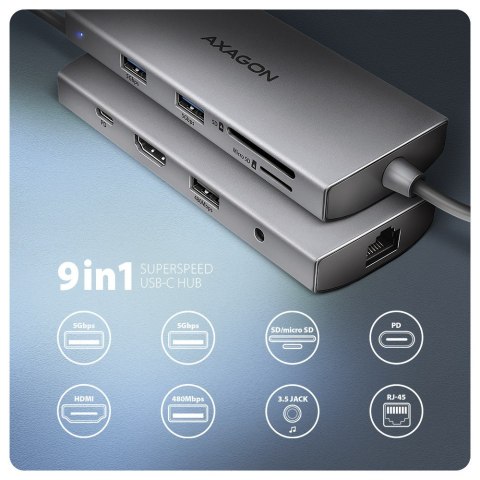 AXAGON HMC-8HLSA Wieloportowy hub USB 9in1, 5Gbps, 3x USB-A + HDMI 4K/30Hz, SD/microSD, GLAN, Audio, PD 100W, 20cm USB-C kabel