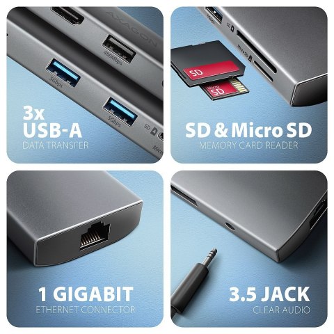 AXAGON HMC-8HLSA Wieloportowy hub USB 9in1, 5Gbps, 3x USB-A + HDMI 4K/30Hz, SD/microSD, GLAN, Audio, PD 100W, 20cm USB-C kabel