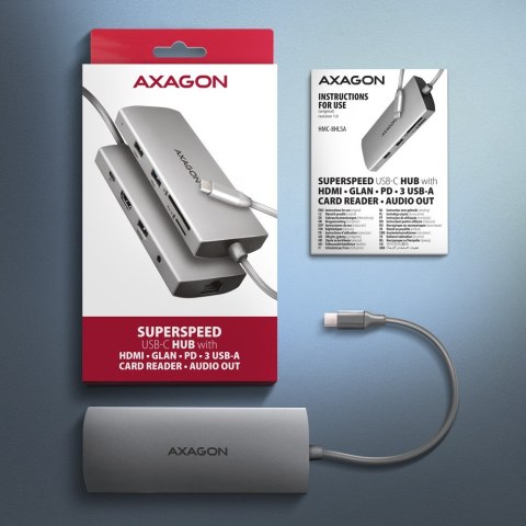 AXAGON HMC-8HLSA Wieloportowy hub USB 9in1, 5Gbps, 3x USB-A + HDMI 4K/30Hz, SD/microSD, GLAN, Audio, PD 100W, 20cm USB-C kabel
