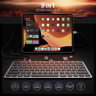 AXAGON HMC-KB-US Klawiatura USB-C 5Gbps z wieloportowy hub 9in1, SD/microSD, 3x USB-A, HDMI 4K/60Hz, PD 100W, Audio, US layout, 60cm US