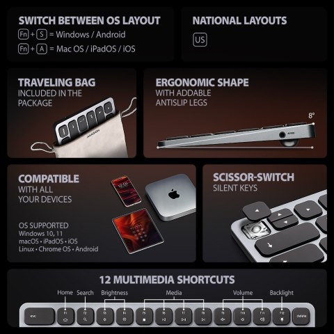 AXAGON HMC-KB-US Klawiatura USB-C 5Gbps z wieloportowy hub 9in1, SD/microSD, 3x USB-A, HDMI 4K/60Hz, PD 100W, Audio, US layout, 60cm US