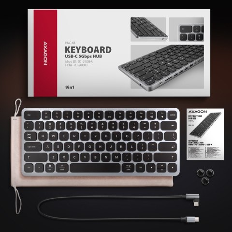 AXAGON HMC-KB-US Klawiatura USB-C 5Gbps z wieloportowy hub 9in1, SD/microSD, 3x USB-A, HDMI 4K/60Hz, PD 100W, Audio, US layout, 60cm US