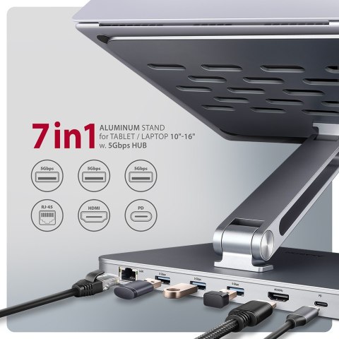 AXAGON HMC-STND Stojak z wieloportowy hub Aluminiowy 7in1, 5Gbps, do 10"-16" cali laptopów, nastawny, 3x USB-A, HDMI 4K/60Hz, GLAN, PD 