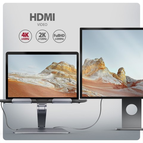 AXAGON HMC-STND Stojak z wieloportowy hub Aluminiowy 7in1, 5Gbps, do 10"-16" cali laptopów, nastawny, 3x USB-A, HDMI 4K/60Hz, GLAN, PD 