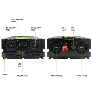 Green Cell Przetwornica LCD 12V 2000W/4000W Czysty sinus z wywietlaczem