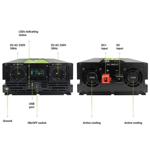 Green Cell Przetwornica LCD 12V 2000W/4000W Czysty sinus z wywietlaczem
