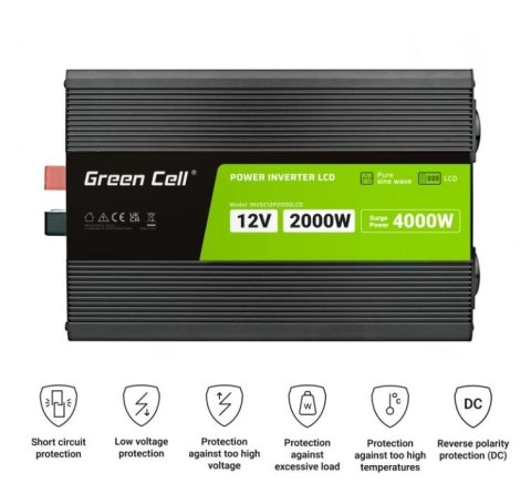 Green Cell Przetwornica LCD 12V 2000W/4000W Czysty sinus z wywietlaczem
