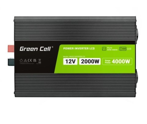 Green Cell Przetwornica LCD 12V 2000W/4000W Czysty sinus z wywietlaczem