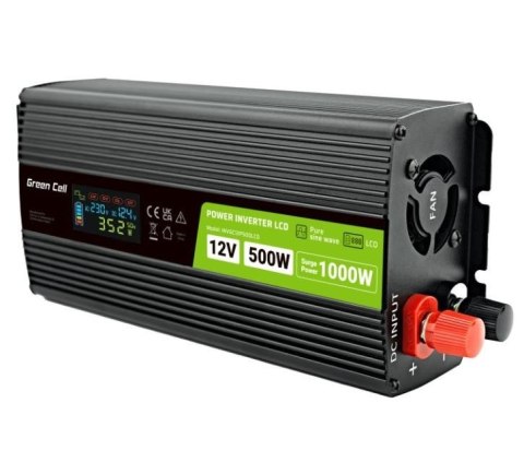 Green Cell Przetwornica LCD 12V 500W/1000W Czysty sinus z wywietlaczem