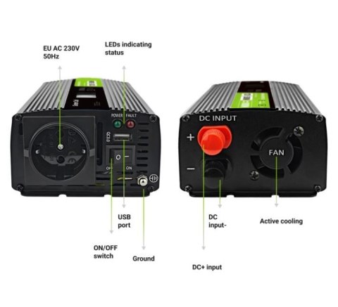 Green Cell Przetwornica LCD 12V 500W/1000W Czysty sinus z wywietlaczem