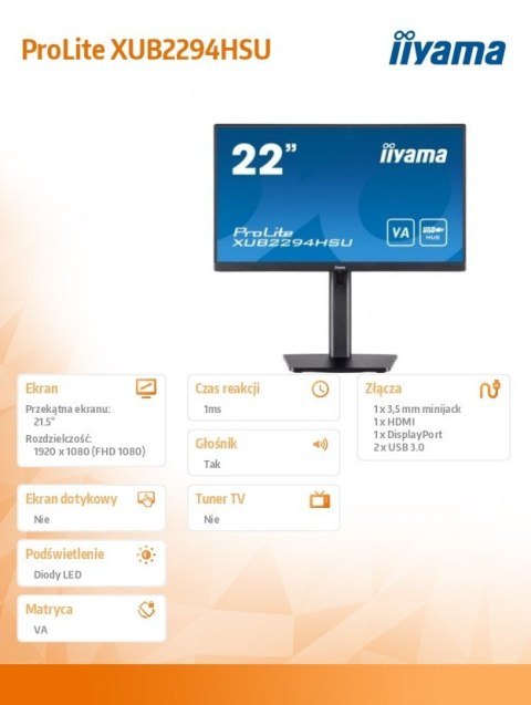 IIYAMA Monitor 21.5 cala XUB2294HSU-B2 VA,FHD,HDMI,DP,USB3.0,VESA,2x2W IIYAMA Monitor 21.5 cala XUB2294HSU-B2 VA,FHD,HDMI,DP,USB3.0,VESA,2x2W