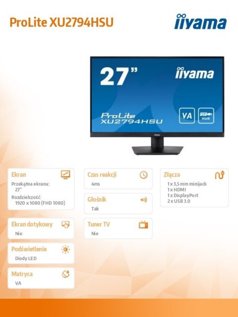 IIYAMA Monitor 27 cali XU2794HSU-B1 VA,FHD,HDMI,DP,USB3.0 IIYAMA Monitor 27 cali XU2794HSU-B1 VA,FHD,HDMI,DP,USB3.0