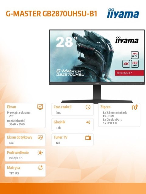 IIYAMA Monitor 28 cali GB2870UHSU 4K, HDMI, DP, 150Hz, USB3.0, HAS, HDR400, 2x2W