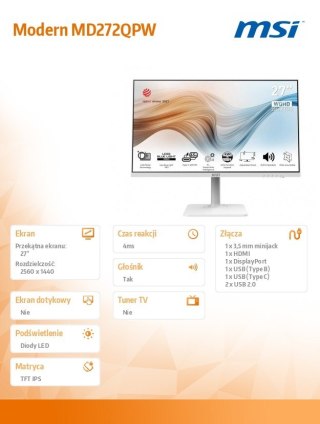 MSI Monitor Modern MD272QPW 27 cali IPS/WQHD/4ms/75Hz/250nit