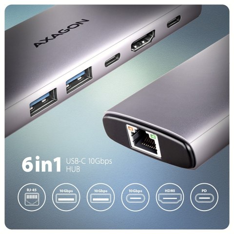 AXAGON HMC-6G2L Wieloportovy hub USB 6in1, 10Gbps, 2xUSB-A, 1xUSB-C, HDMI 4K/60Hz, PD 100W, GLAN, 15cm USB-C kabel