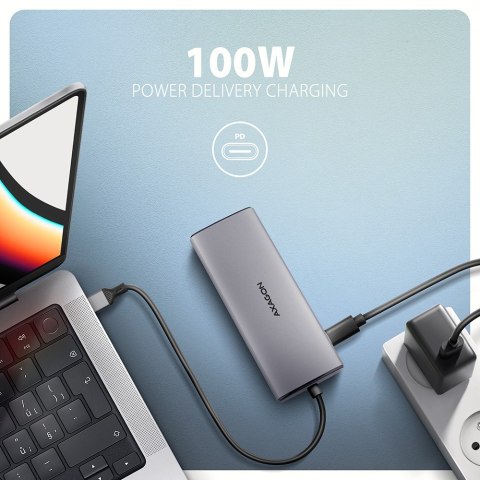 AXAGON HMC-6G2L Wieloportovy hub USB 6in1, 10Gbps, 2xUSB-A, 1xUSB-C, HDMI 4K/60Hz, PD 100W, GLAN, 15cm USB-C kabel