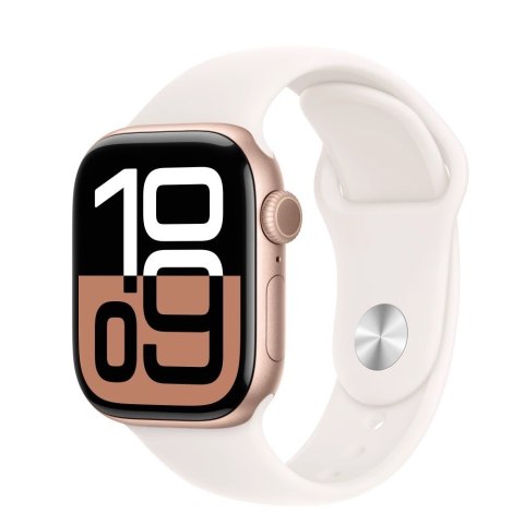 Apple Watch Series 10 GPS + Cellular, koperta 42 mm z aluminium w kolorze różowego złota z paskiem sportowym w kolorze łagodnego różu Apple Watch Series 10 GPS + Cellular, koperta 42 mm z aluminium w kolorze różowego złota z paskiem sportowym w kolorze łagodnego różu