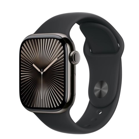 Apple Watch Series 10 GPS + Cellular, koperta 42 mm z tytanu w kolorze łupkowym z paskiem sportowym w kolorze czarnym - rozmiar S/M Apple Watch Series 10 GPS + Cellular, koperta 42 mm z tytanu w kolorze łupkowym z paskiem sportowym w kolorze czarnym - rozmiar S/M