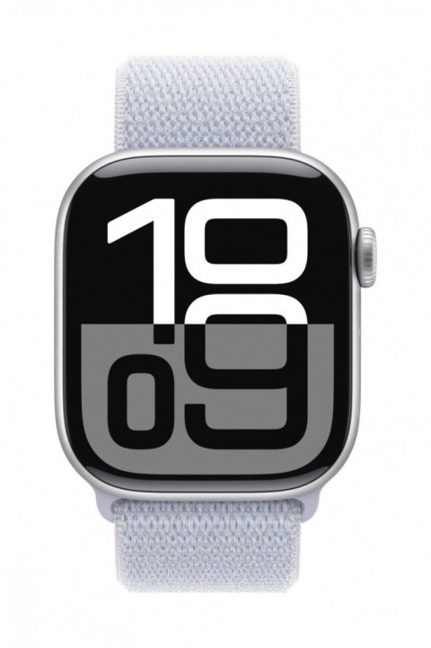 Apple Watch Series 10 GPS, koperta 42 mm z aluminium w kolorze srebrnym z opaską sportową w kolorze błękitnego obłoku Apple Watch Series 10 GPS, koperta 42 mm z aluminium w kolorze srebrnym z opaską sportową w kolorze błękitnego obłoku