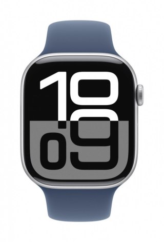 Apple Watch Series 10 GPS, koperta 42 mm z aluminium w kolorze srebrnym z paskiem sportowym w kolorze denim - rozmiar S/M