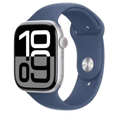 Apple Watch Series 10 GPS, koperta 46 mm z aluminium w kolorze srebrnym z paskiem sportowym w kolorze denim - rozmiar S/M Apple Watch Series 10 GPS, koperta 46 mm z aluminium w kolorze srebrnym z paskiem sportowym w kolorze denim - rozmiar S/M
