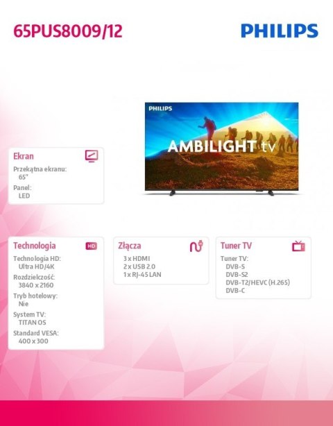 Philips Telewizor 65 cali LED 65PUS8009/12 Philips Telewizor 65 cali LED 65PUS8009/12