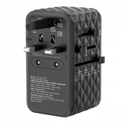 Verbatim Adapter podróżny UTA-06 32121 ładowarka GaN PD 100W, QC 4+, 2x USB-C, 2x USB-A, 180 krajów