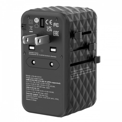 Verbatim Adapter podróżny UTA-06 32121 ładowarka GaN PD 100W, QC 4+, 2x USB-C, 2x USB-A, 180 krajów