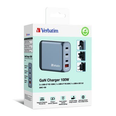 Verbatim Ładowarka GNC-100 32202 GaN 100W, 3xUSB-C,1x USB-A, QC 3.0, PD 3.0 UE / UK Verbatim Ładowarka GNC-100 32202 GaN 100W, 3xUSB-C,1x USB-A, QC 3.0, PD 3.0 UE / UK