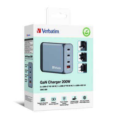 Verbatim Ładowarka GNC-200 32204 GaN 200W, PD 3.0, QC 3.0, 3x USB-C, 1x USB-A, UE/UK