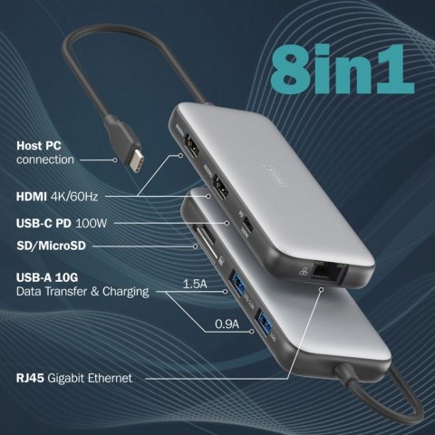 Digitus Stacja dokująca USB Typ C 8-portów 2x HDMI 4K/60Hz PD 3.0