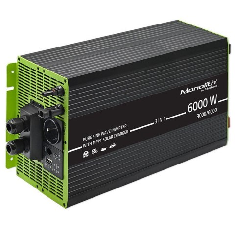 Qoltec Przetwornica solarna 3w1 z funkcją ładowania AC | MPPT | UPS | ATS | 3000W | 6000W | 12V na 230V | Czysty Sinus