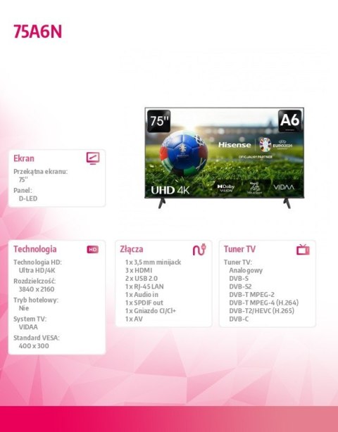 Hisense Telewizor LED 75 cali 75A6N
