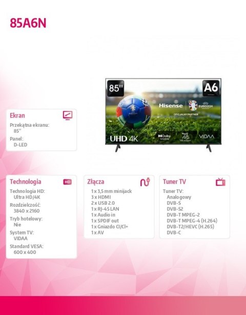 Hisense Telewizor LED 85 cali 85A6N