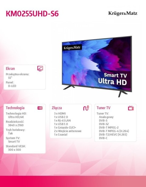 Kruger & Matz Telewizor Kruger & Matz 55 UHD DVB-T2/S2 H.265