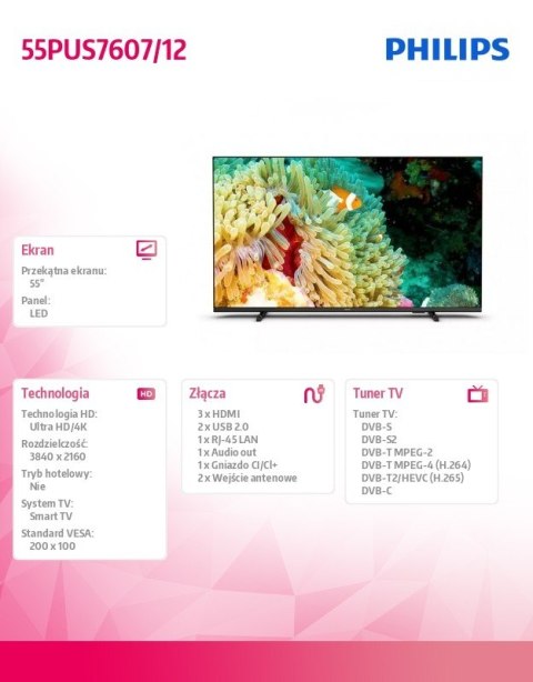Philips Telewizor 55 cali LED 55PUS7607/12 SMART Philips Telewizor 55 cali LED 55PUS7607/12 SMART